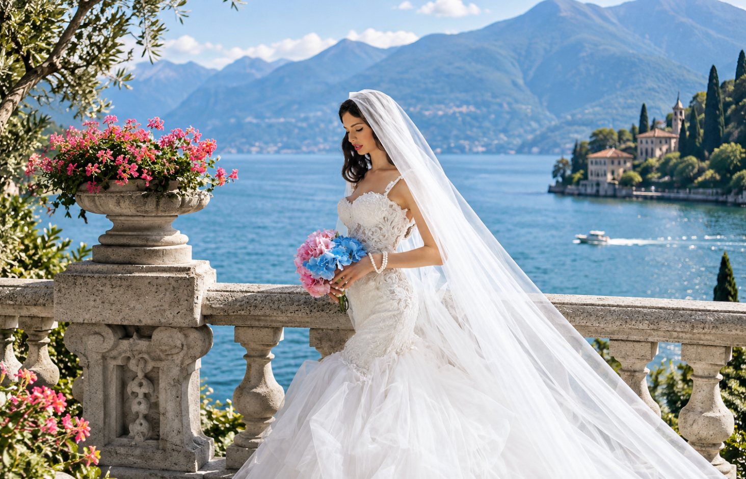 A bride enjoying a romantic view across Lake Como, with the lake, mountains and historic Italian villas in the background.
